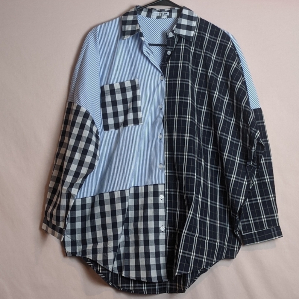 Fashion Nova Mixed Feelings Blue Plaid Long Sleeve Oversized Button Up Shirt S